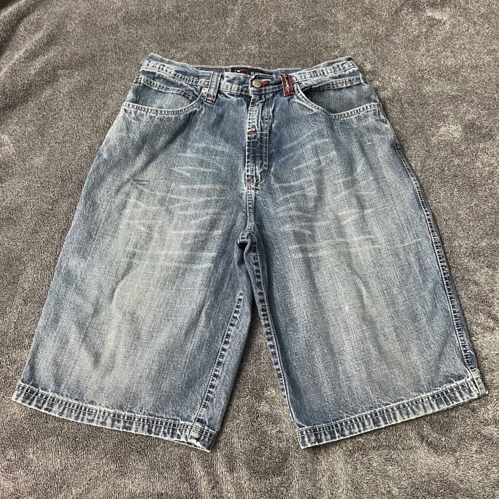 Vintage Bugle Boy Jean Company Baggy Denim Shorts Medium Indigo Red Stitch 33